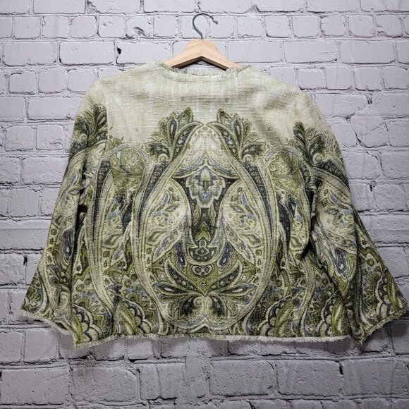 Chico's Embellished Heritage Tweed Jacket Green Frayed Trim Accent Size ? - Picture 10 of 14